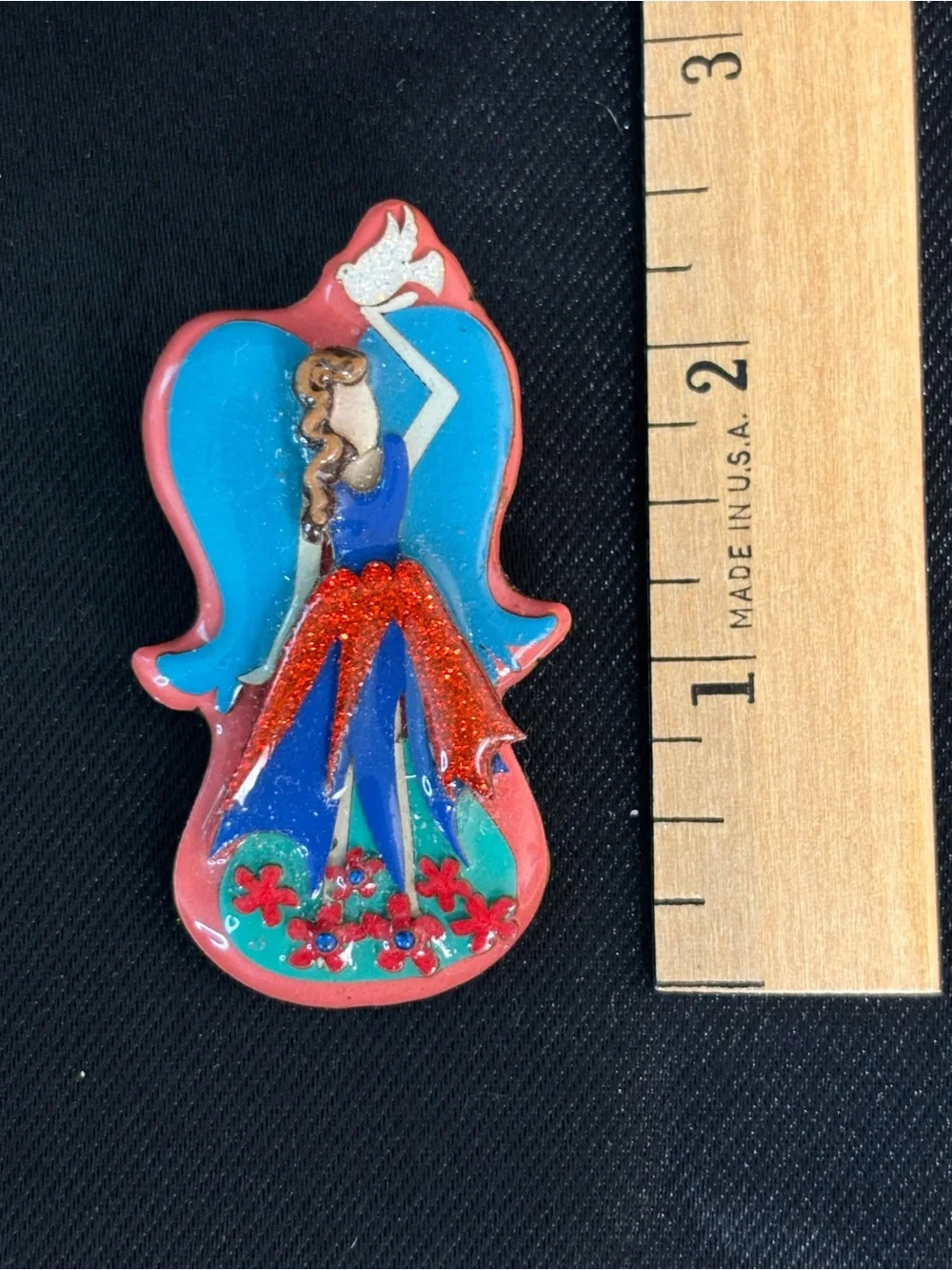 Vintage Angel shaped Pins Brooch By Lucinda - Rare Glitter Fairy Red W/Dove